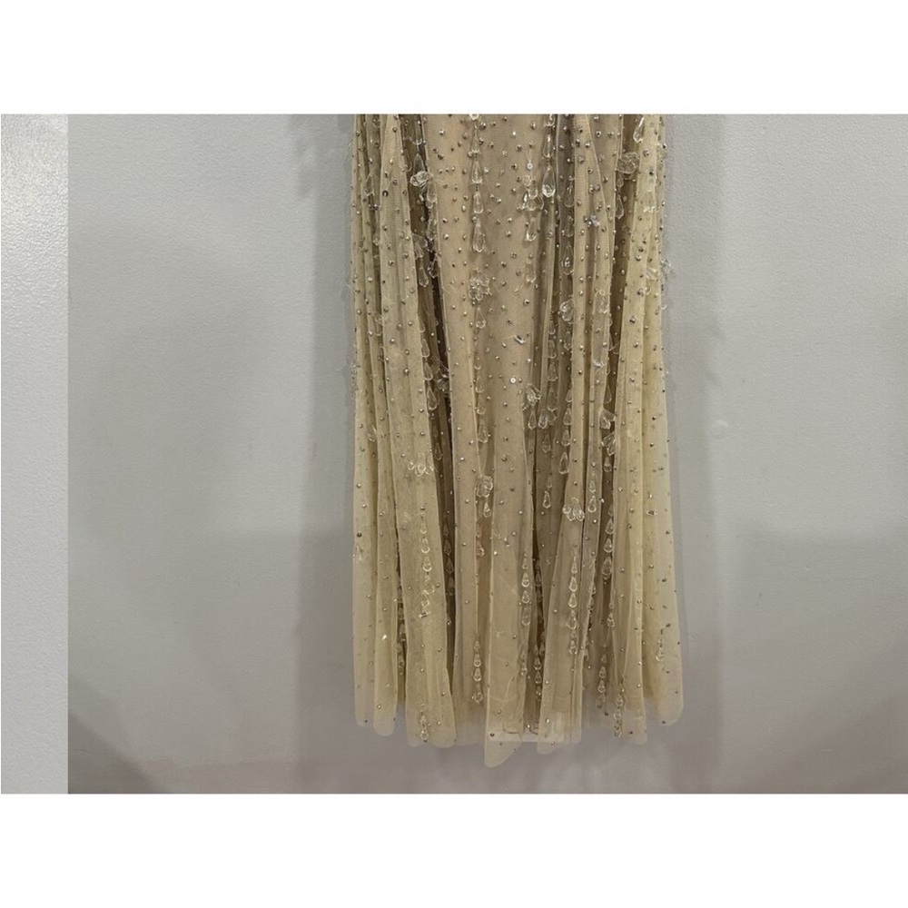 Mac Duggal 10101 Nude Silver V-Neck Column Gown with Fringe Embellishments Sz 0 - Picture 7 of 12